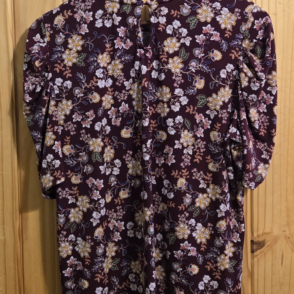 CeCe Womens XL Burgundy Floral Ruffle Mock Neck Puff Sleeve Blouse Top